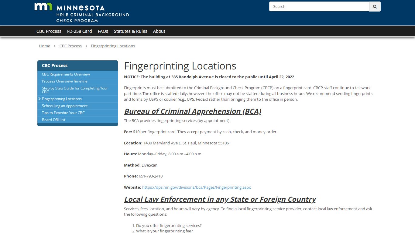 Fingerprinting Locations - The Minnesota Board of Criminal Background Check